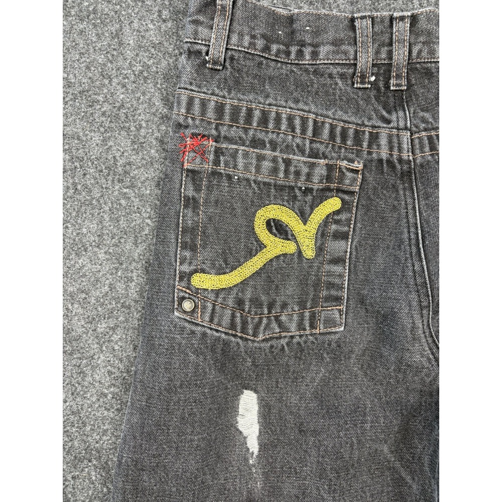 Rocawear Womens Baggy Wide Leg Jeans Size 16 Black Distressed Y2K Embroidered - Picture 11 of 13